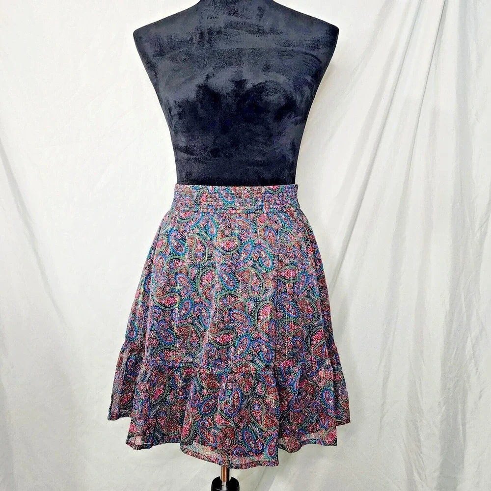 New! Ann Taylor LOFT Size XS Metallic Floral Ruffled Chiffon Cottage Mini‎ Skirt